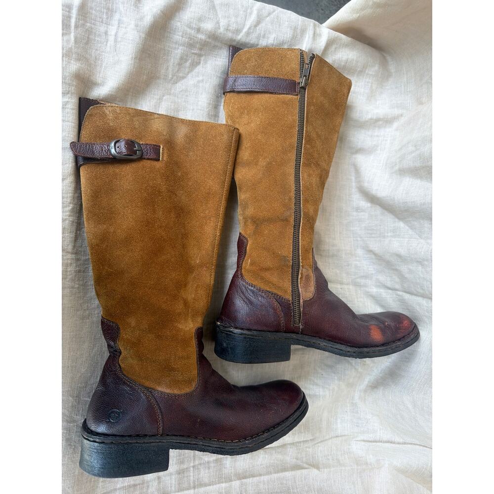 Born Boots 8.5 Brown Leather Suede Two Tone Riding Buckle Equestrian Crown Boret - Picture 6 of 9